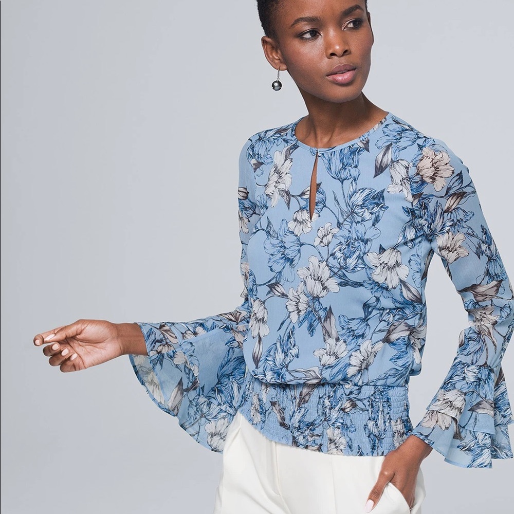 WHBM Women's Size M Light Blue Floral Smocked Blouse